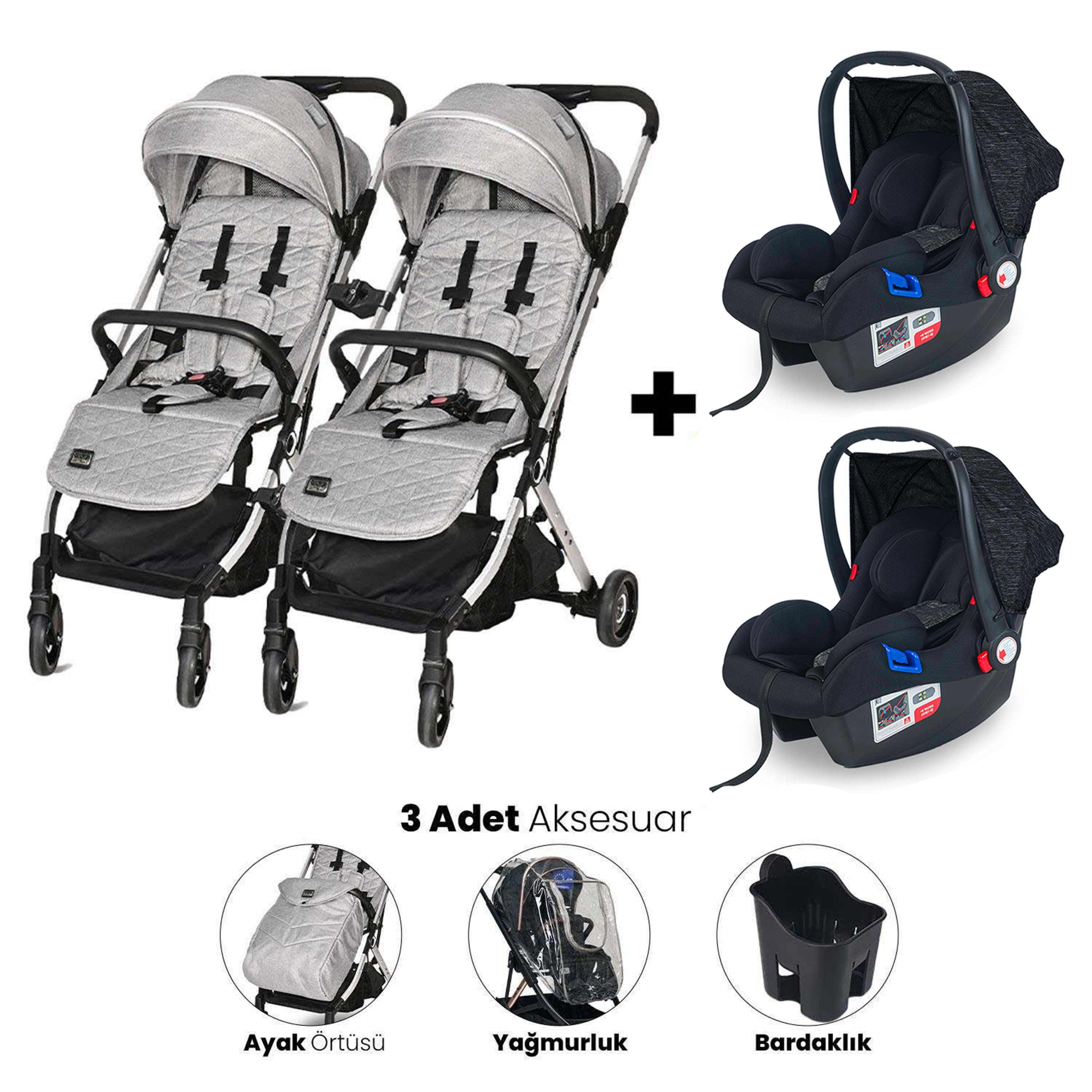 Lorelli Myla Ayrılıp Birleşebilen Kabin Set İkiz Bebek Arabası - Grey