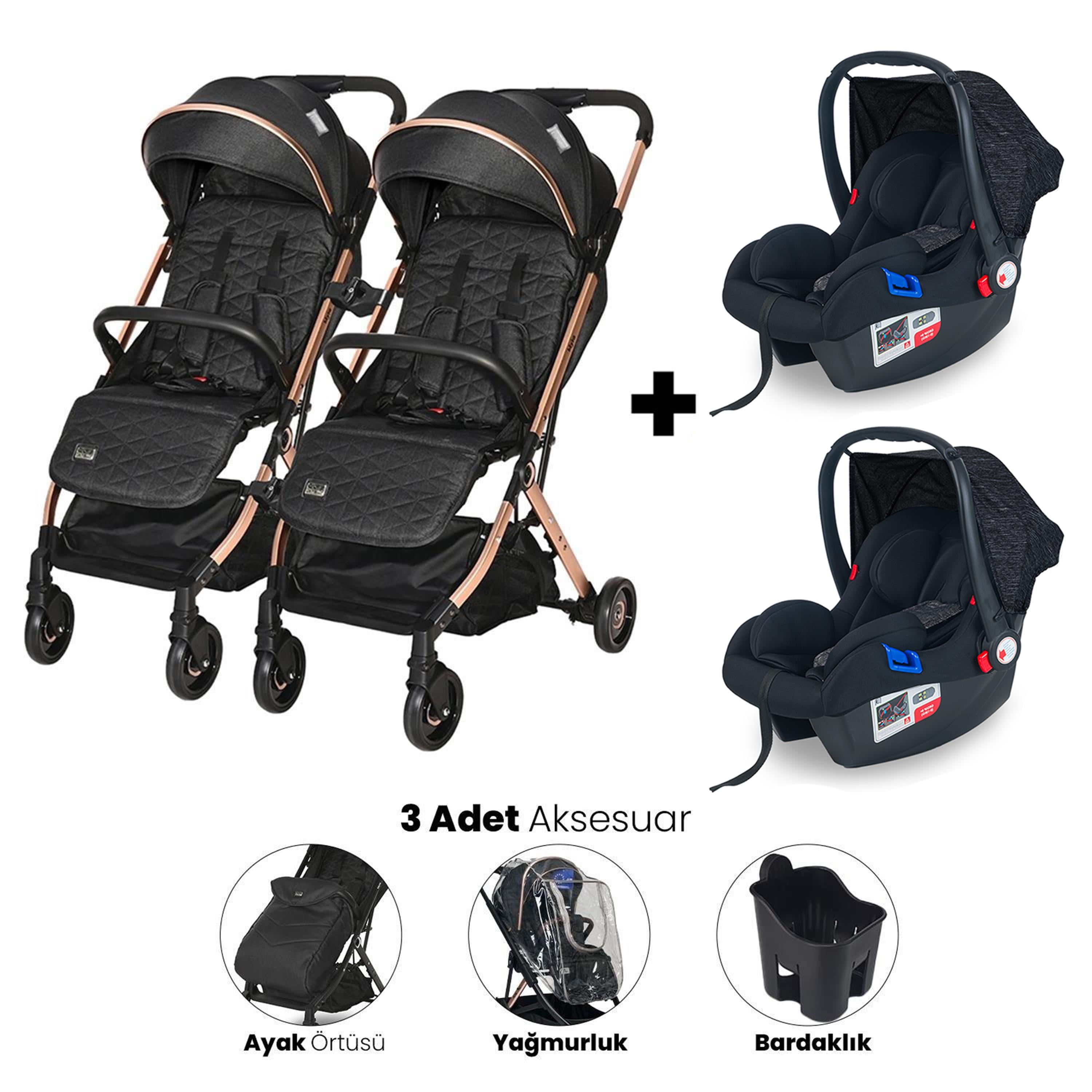Lorelli Myla Ayrılıp Birleşebilen Kabin Set İkiz Bebek Arabası - Black