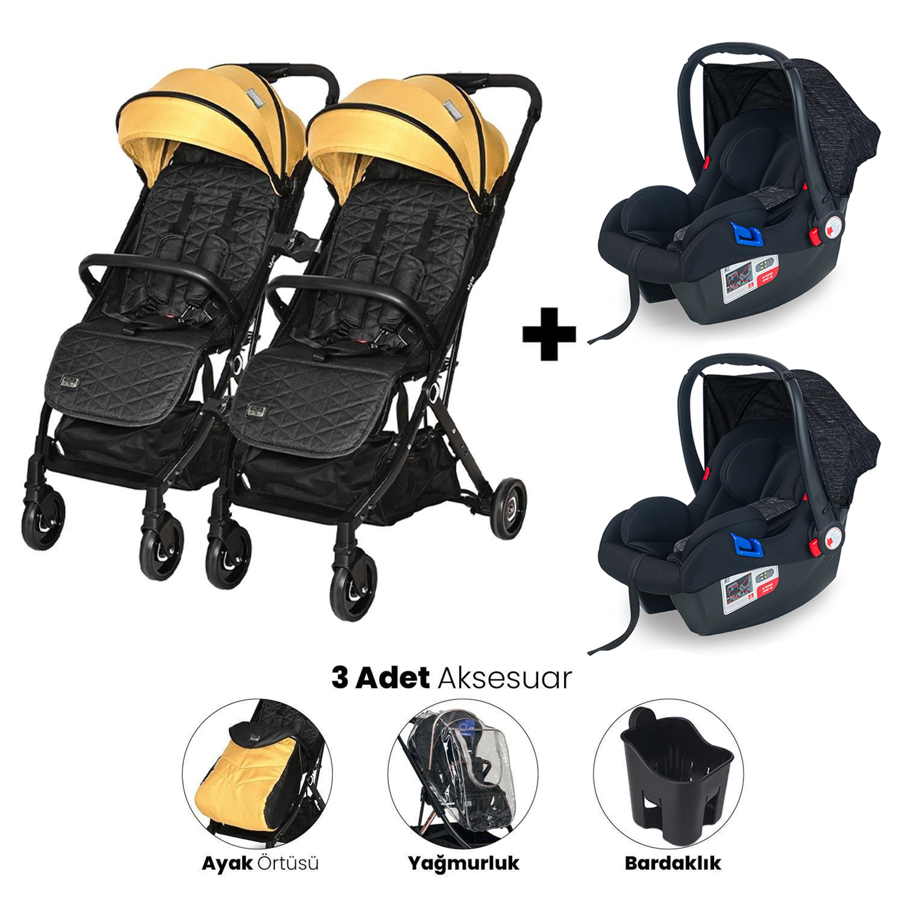 Lorelli Myla Ayrılıp Birleşebilen Kabin Set İkiz Bebek Arabası - Lemon Curry