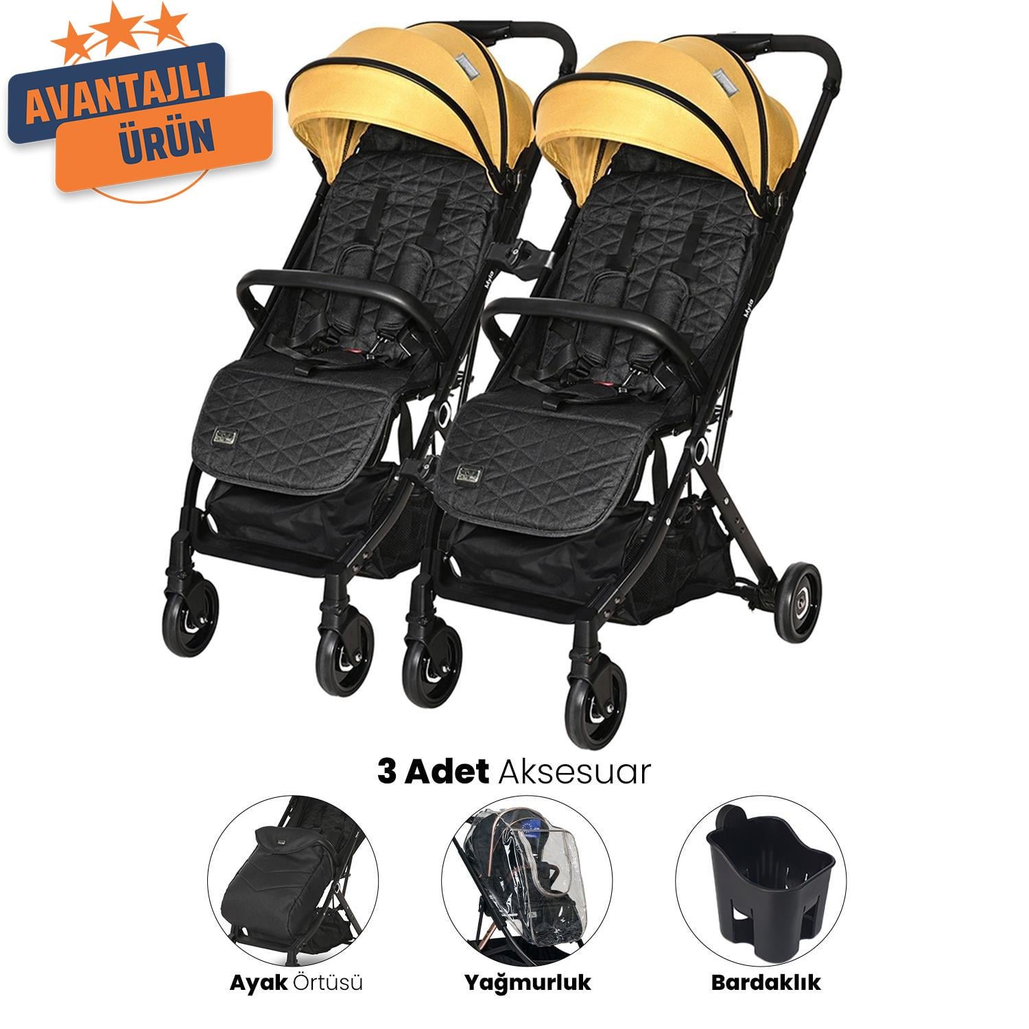Lorelli Myla Ayrılıp Birleşebilen Kabin İkiz Bebek Arabası - Lemon Curry