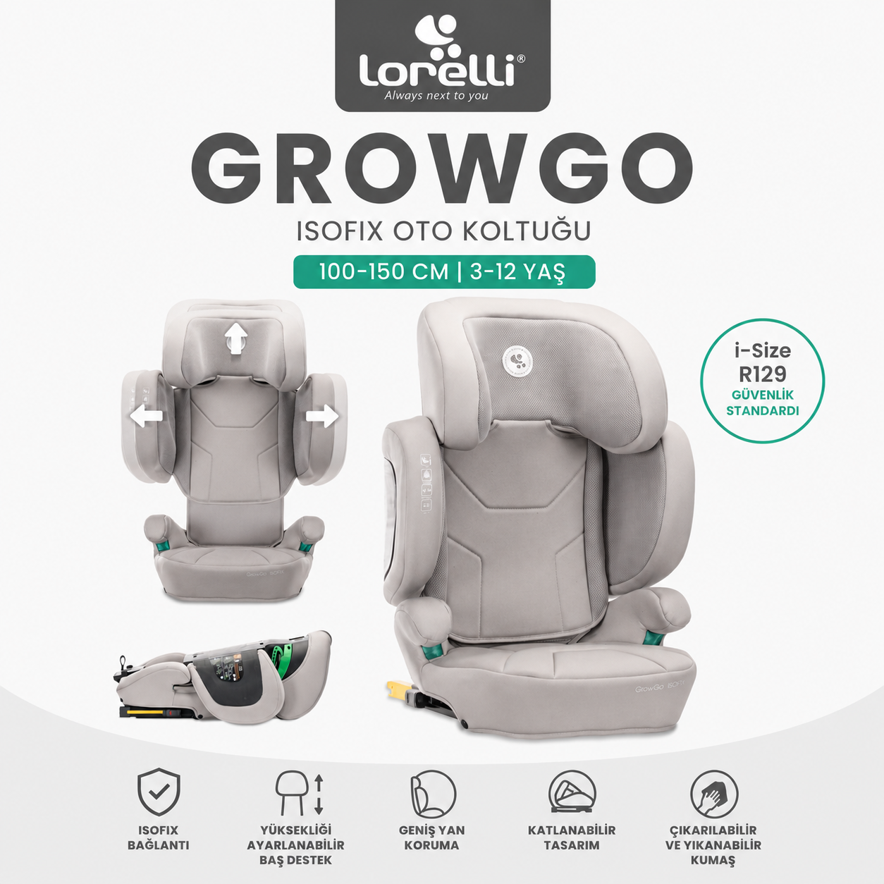 Lorelli GrowGo i-Size ISOFIX Katlanabilir Oto Koltuğu (100-150 cm | 3-12 Yaş) - Gri
