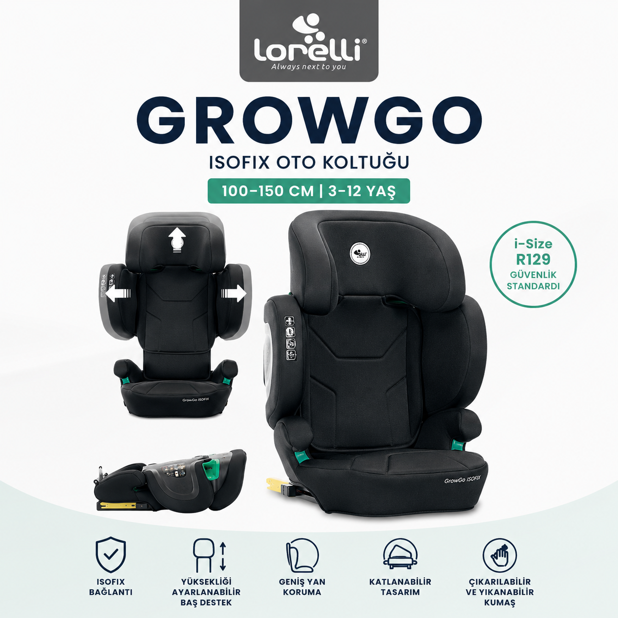 Lorelli GrowGo i-Size ISOFIX Katlanabilir Oto Koltuğu (100-150 cm | 3-12 Yaş) - Siyah
