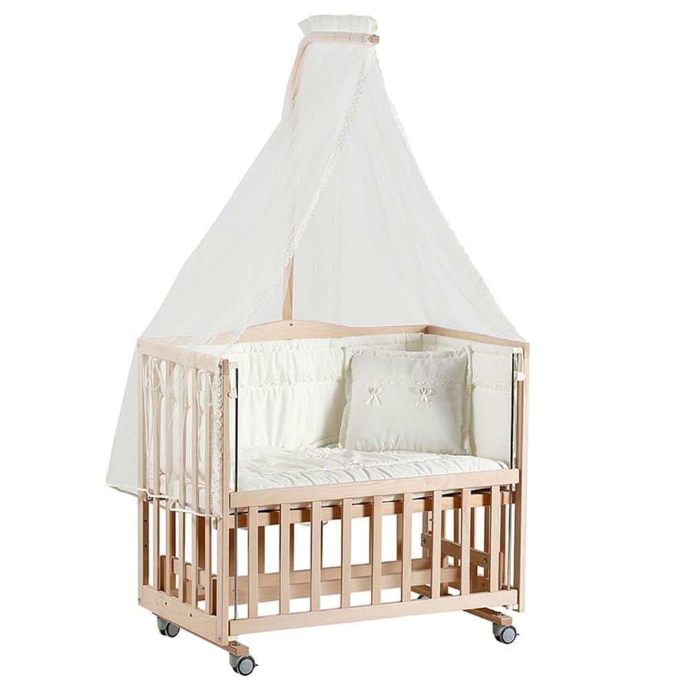 Tahterevalli Mika Ahşap Naturel Anne Yanı Beşik 3 Kademeli Lüx Bebek Beşiği - 50x90