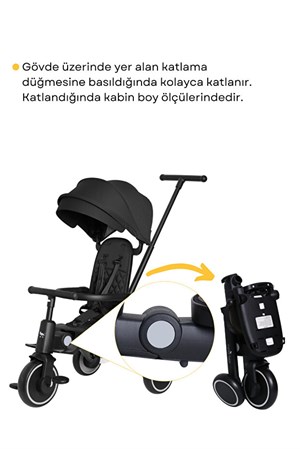 Merkür Bebe 9in1 Hawk Çift Yönlü Katlanabilir Yatabilir Ayak Destekli Üç Tekerlekli Bebek ve Çocuk Bisikleti Gri