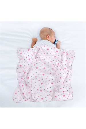Sevi Bebe Desenli Müslin Battaniye 100x100 cm - Yıldız Yağmuru Pembe 353-140-2