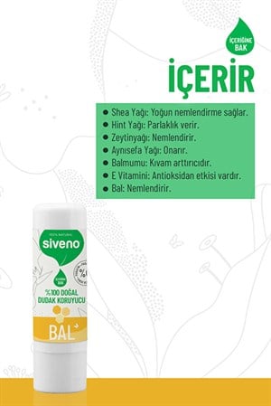 Siveno %100 Doğal Dudak Koruyucu Bal Bitkisel Lipbalm Dudak Kremi Nemlendirici Parlatıcı Onarıcı 6 G