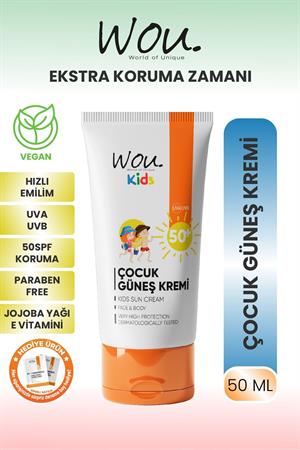 Wou World of Unique Kıds Yüksek Koruma Etkili Spf50 Çocuk Güneş Kremi 50ml