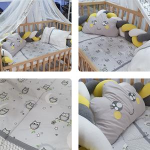 ABC Baby Baykuş 60x120 Beşik Örgülü Uyku Seti - Sarı Gri