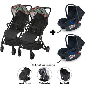 Lorelli Myla Ayrılıp Birleşebilen Kabin Set İkiz Bebek Arabası - Tropical Flowers