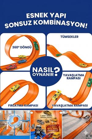 ESNEK ARABA YARIŞ PİSTİ KIVRILABİLİR TURUNCU RENK VAKUMLU 4.5 Metre Flex Track | Metal Araba Hediyeli