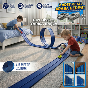 ESNEK ARABA YARIŞ PİSTİ KIVRILABİLİR MAVİ RENK VAKUMLU 4.5 Metre Flex Track | Metal Araba Hediyeli