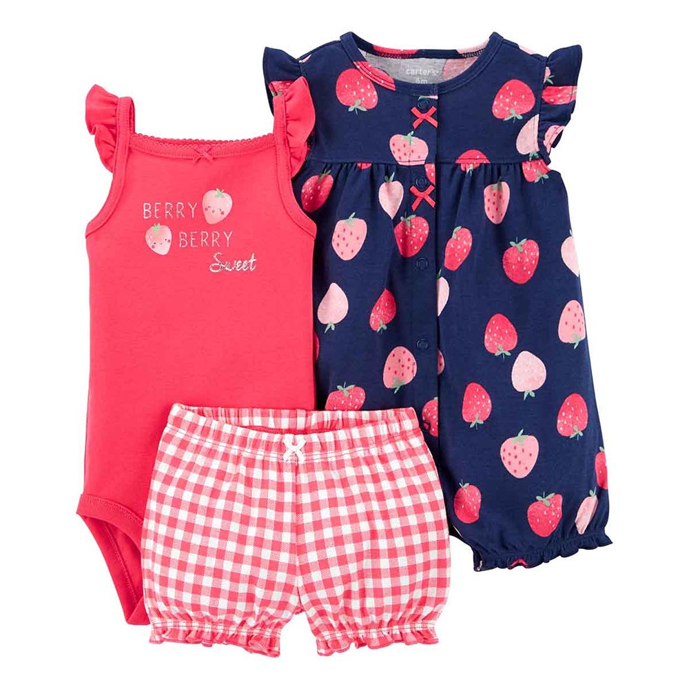 Carter's Kız Bebek 3'lü Çilek Desenli Tulum,Body ve Şort Set