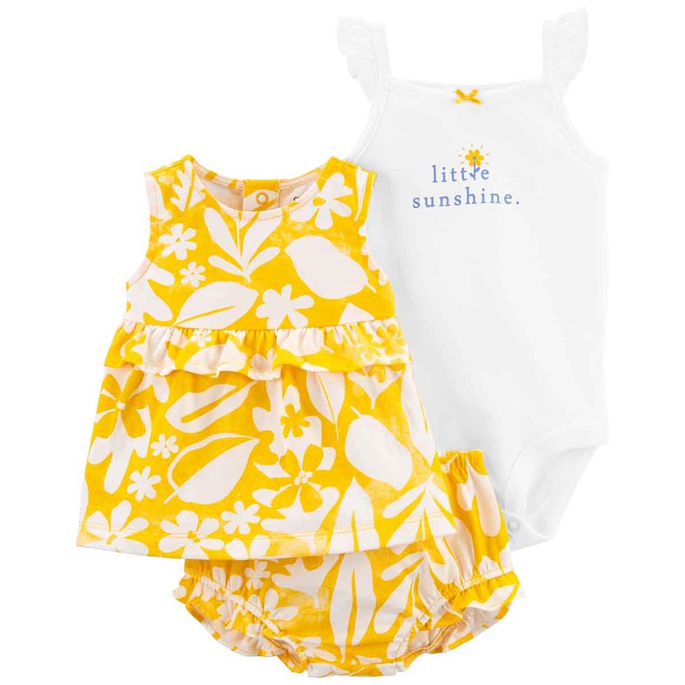 Kız Bebek Çiçekli Kolsuz Şort, Body ve Üst Set 3'lü Paket Sarı