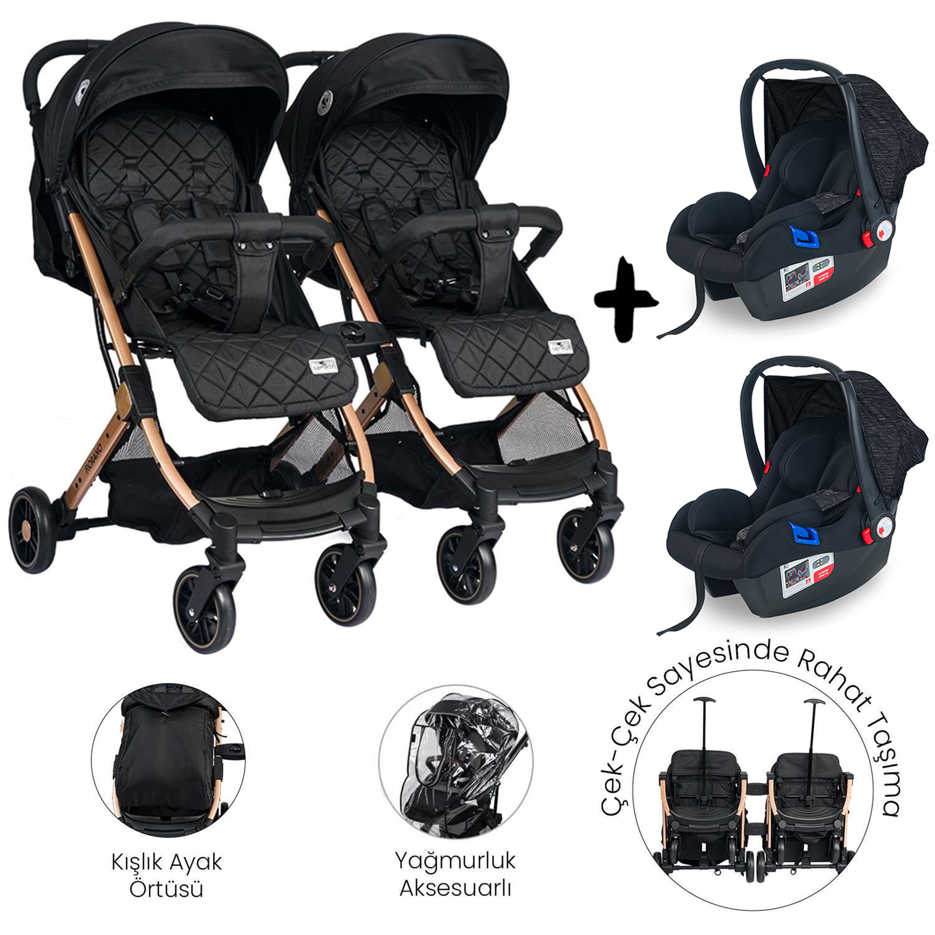 Lorelli Fiorano Kabin Set İkiz Bebek Arabası - Black