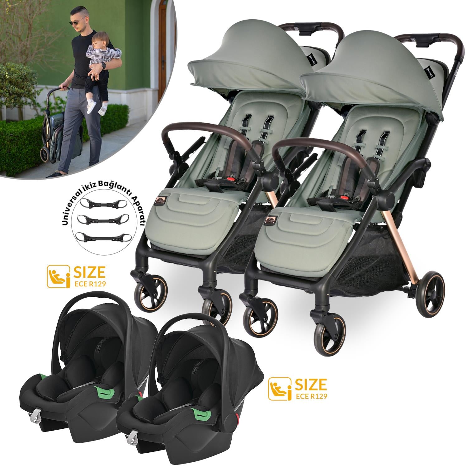 Lorelli Loret Otomatik Katlanan Kabin Boy İkiz & Travel Set Bebek Arabası - Green