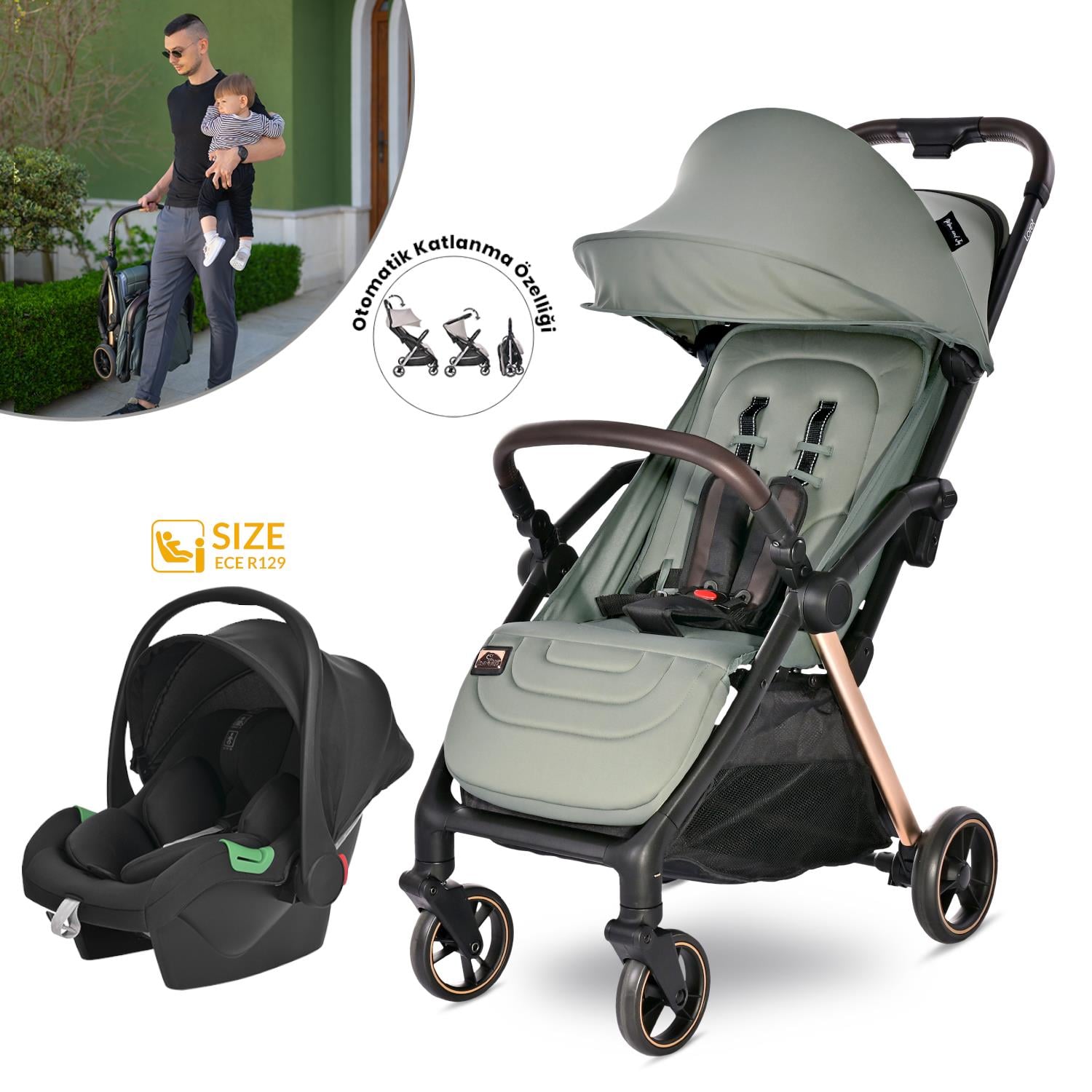 Lorelli Loret Otomatik Katlanan Kabin Boy & Travel Set Bebek Arabası - Green