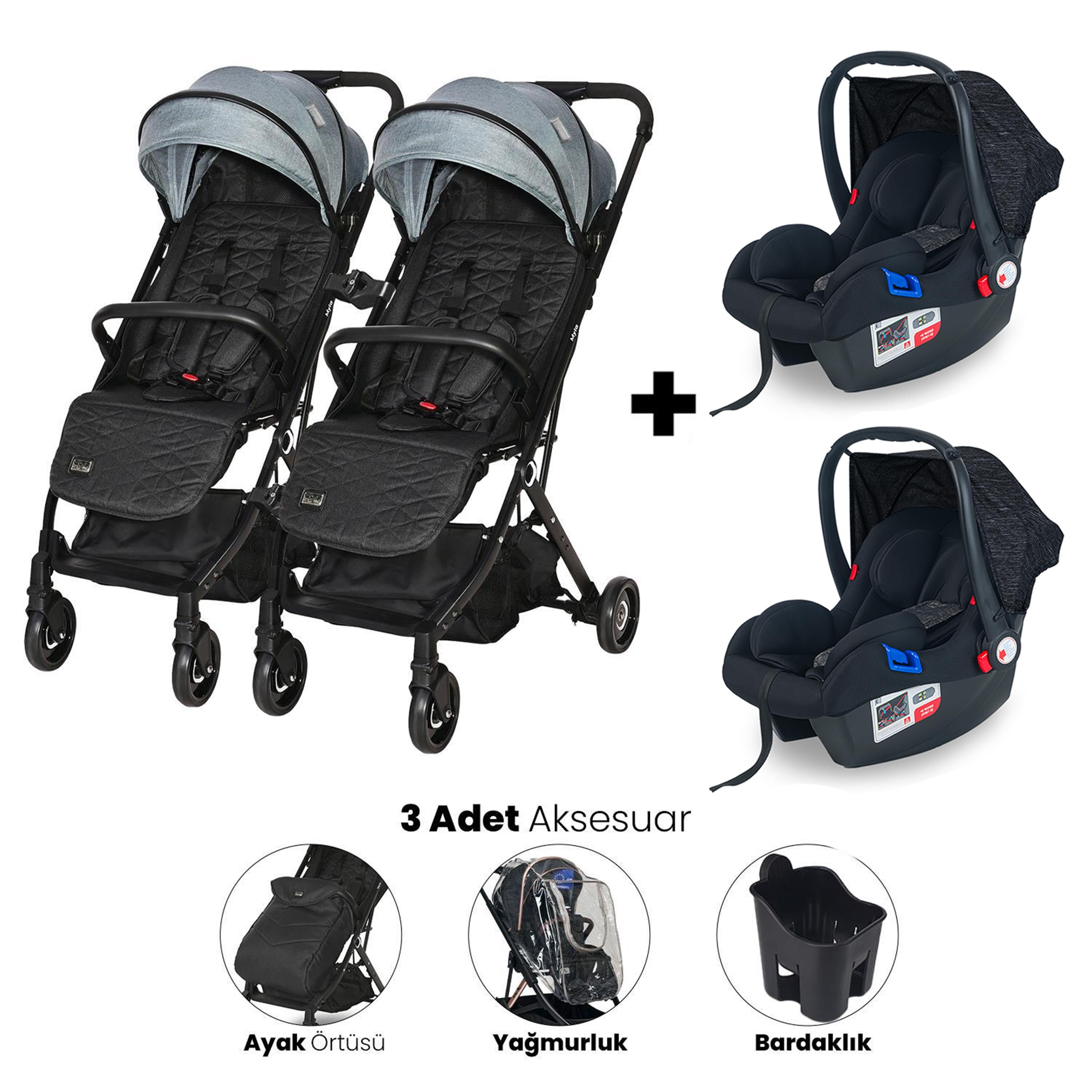 Lorelli Myla Ayrılıp Birleşebilen Kabin Set İkiz Bebek Arabası - Arctic Blue