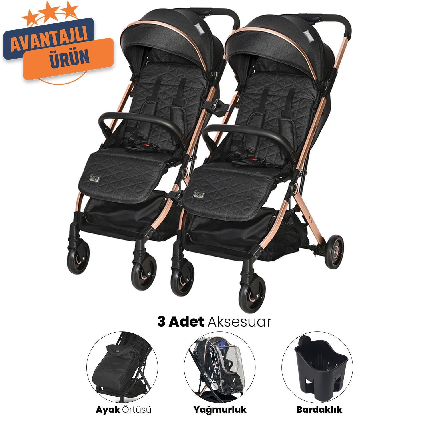 Lorelli Myla Ayrılıp Birleşebilen Kabin İkiz Bebek Arabası - Black