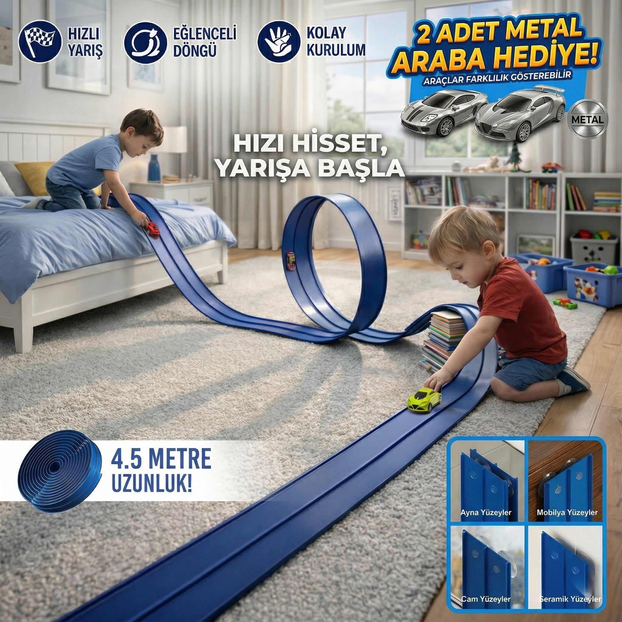 ESNEK ARABA YARIŞ PİSTİ KIVRILABİLİR MAVİ RENK VAKUMLU 4.5 Metre Flex Track | Metal Araba Hediyeli