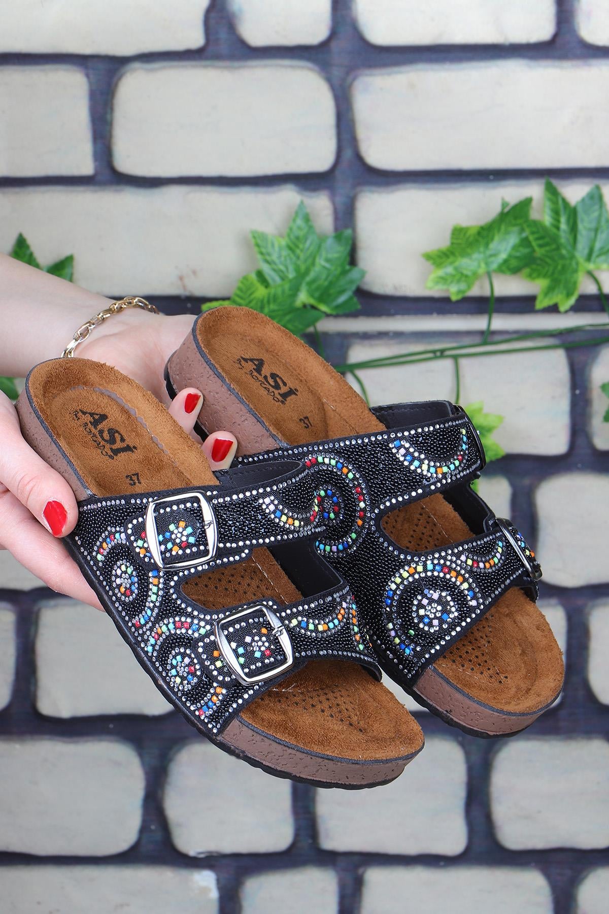 Vojo Circle Ortopedik Taşlı Çift Tokalı Plaj Kadın Terlik