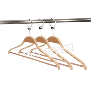 150 Adet Ahşap Otel Tipi Askı, Lamine Ahşap Otel Tipi Elbise Askısı 44 cm  Vernikli Metal Halka 