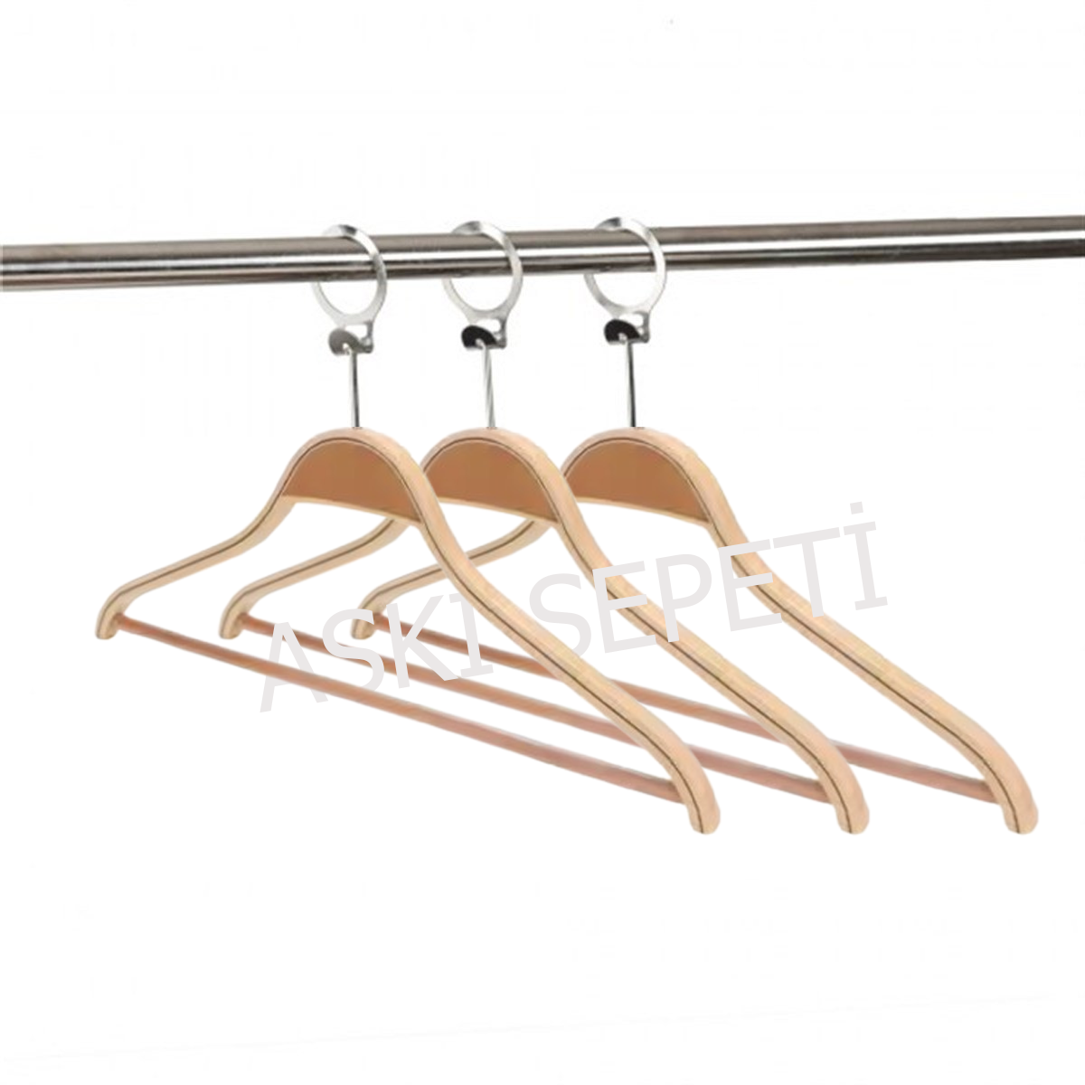 100 Adet Ahşap Otel Tipi Askı, Lamine Ahşap Otel Tipi Elbise Askısı 44 cm  Vernikli Metal Halka 