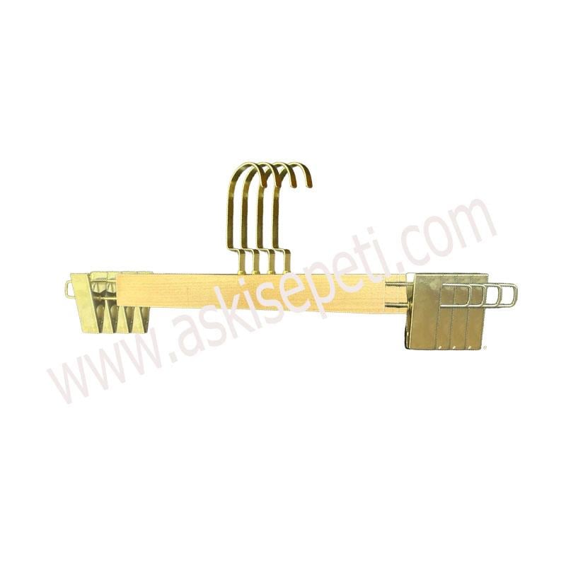 150 Adet Ahşap Pantolon Askısı Mandallı Etek Askısı Naturel Vernikli Gold Amerikan Kancalı 36 cm