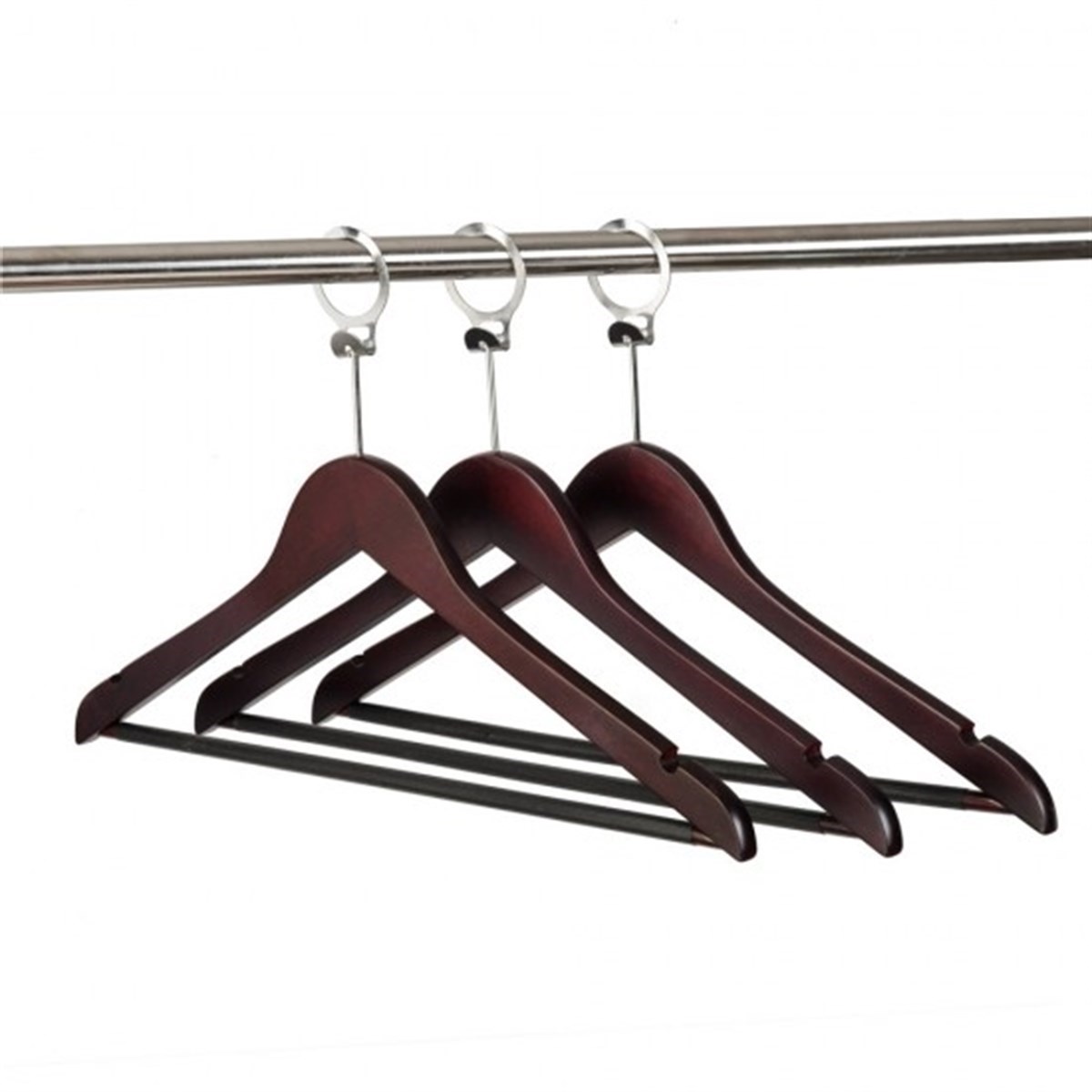 100 Adet Otel Tipi Elbise Askısı Ahşap Otel Elbise Askısı Ceviz Renk Metal  Halkalı 43 cm - Askı Sepeti