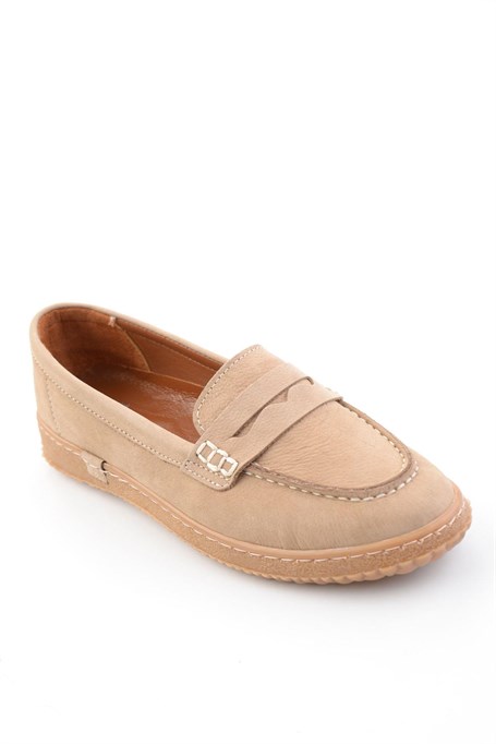 Bej Hakiki Deri Kadın Loafer Ayakkabı K01045050401