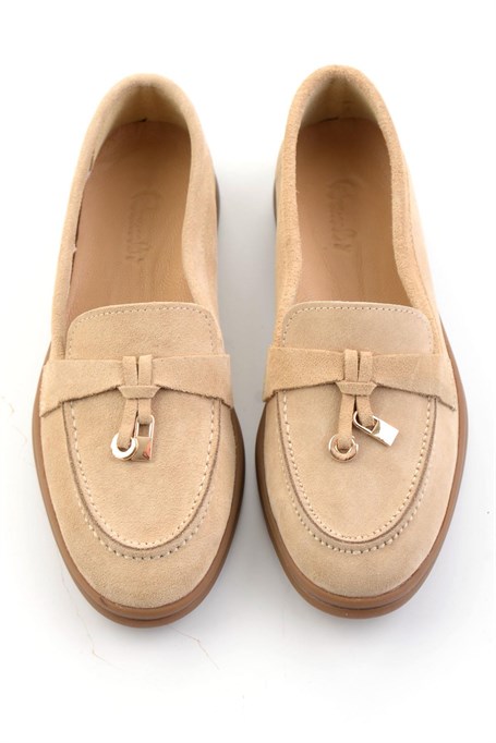 Bej Hakiki Deri Kadın Loafer Ayakkabı K01045035802