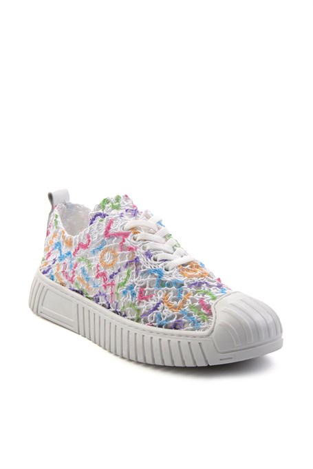 Beyaz Çok Renkli Hakiki Deri Kadın Sneaker K01331175016