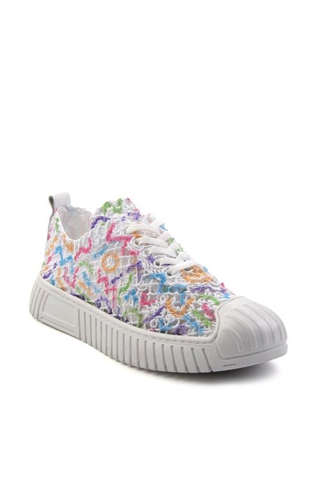 Beyaz Çok Renkli Hakiki Deri Kadın Sneaker K01331175016