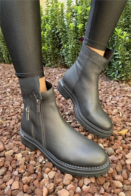 Black Hakiki Deri Kadın Bot & Bootie HD0777003903