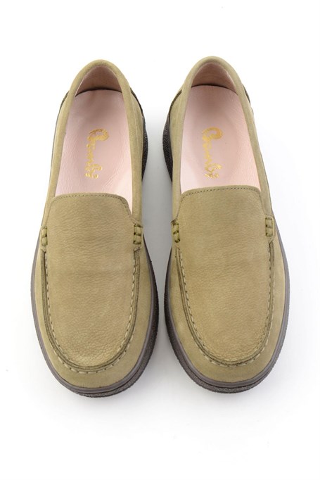 Haki Nubuk Hakiki Deri Kadın Loafer Ayakkabı K01007979401