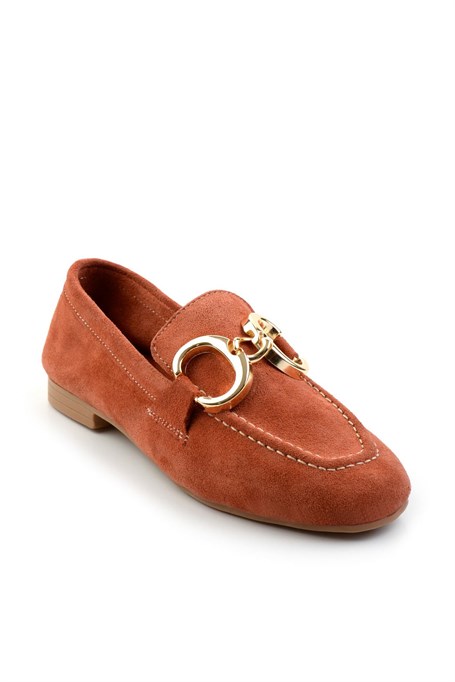 Kiremit Hakiki Deri Kadın Loafer Ayakkabı K01763771002