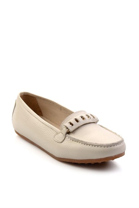 Krem Hakiki Deri Kadın Loafer Ayakkabı K01087230403