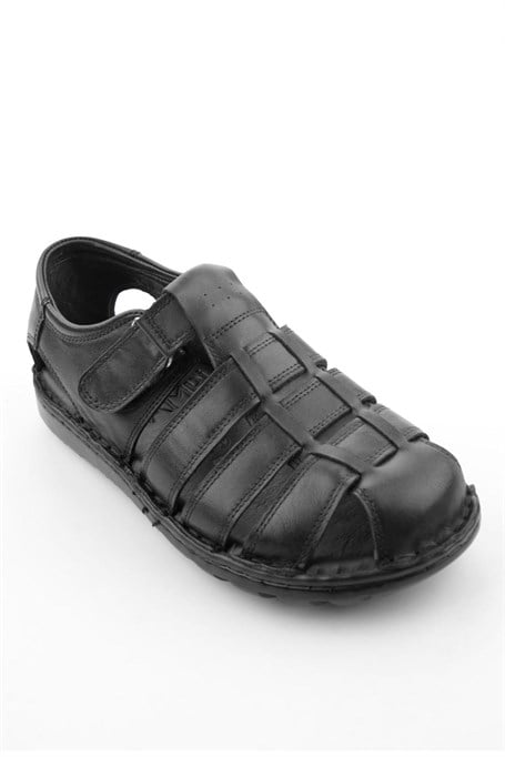 Siyah Hakiki Deri Erkek Sandalet E05437182903