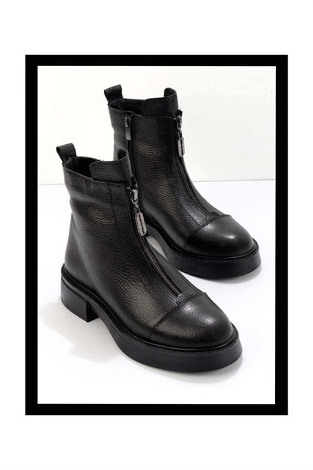 Siyah Hakiki Deri Kadın Bot & Bootie K02423018003
