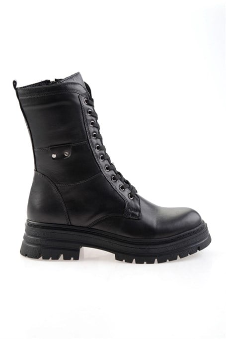 Siyah Hakiki Deri Kadın Bot & Bootie K02462040503