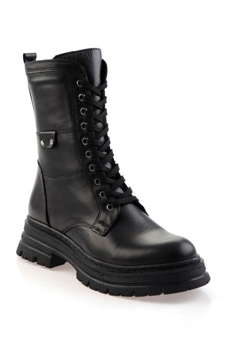 Siyah Hakiki Deri Kadın Bot & Bootie K02462040503