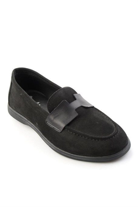 Siyah Nubuk Hakiki Deri Kadın Loafer Ayakkabı K01821097401