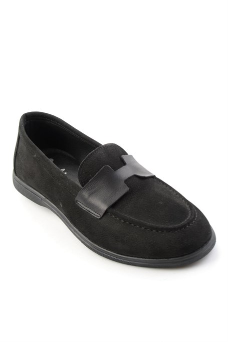 Siyah Nubuk Hakiki Deri Kadın Loafer Ayakkabı K01821097401