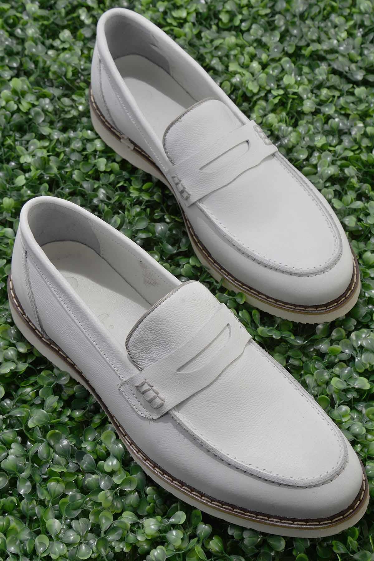 Beyaz Hakiki Deri Erkek Loafer Ayakkabı E01872000803