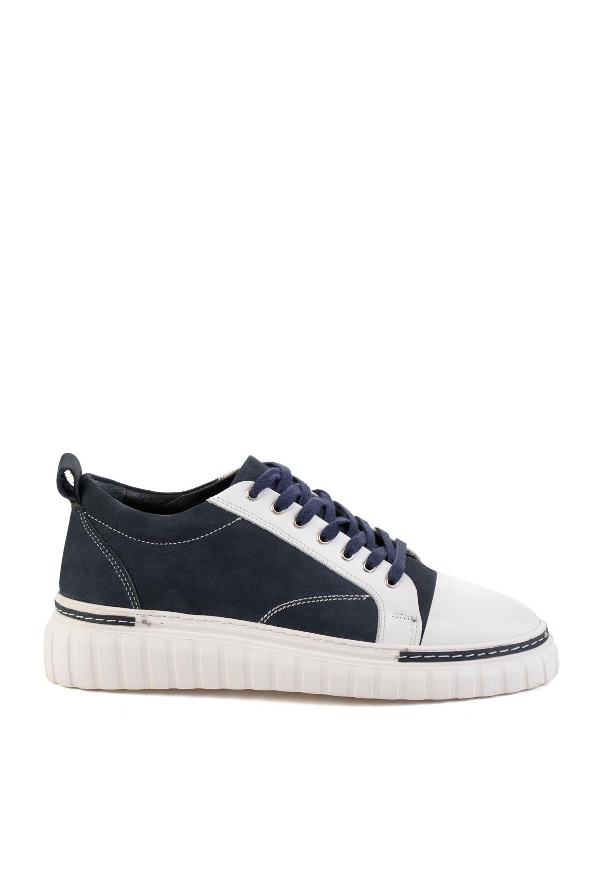 Beyaz Lacivert Hakiki Deri Erkek Sneaker E01401087103