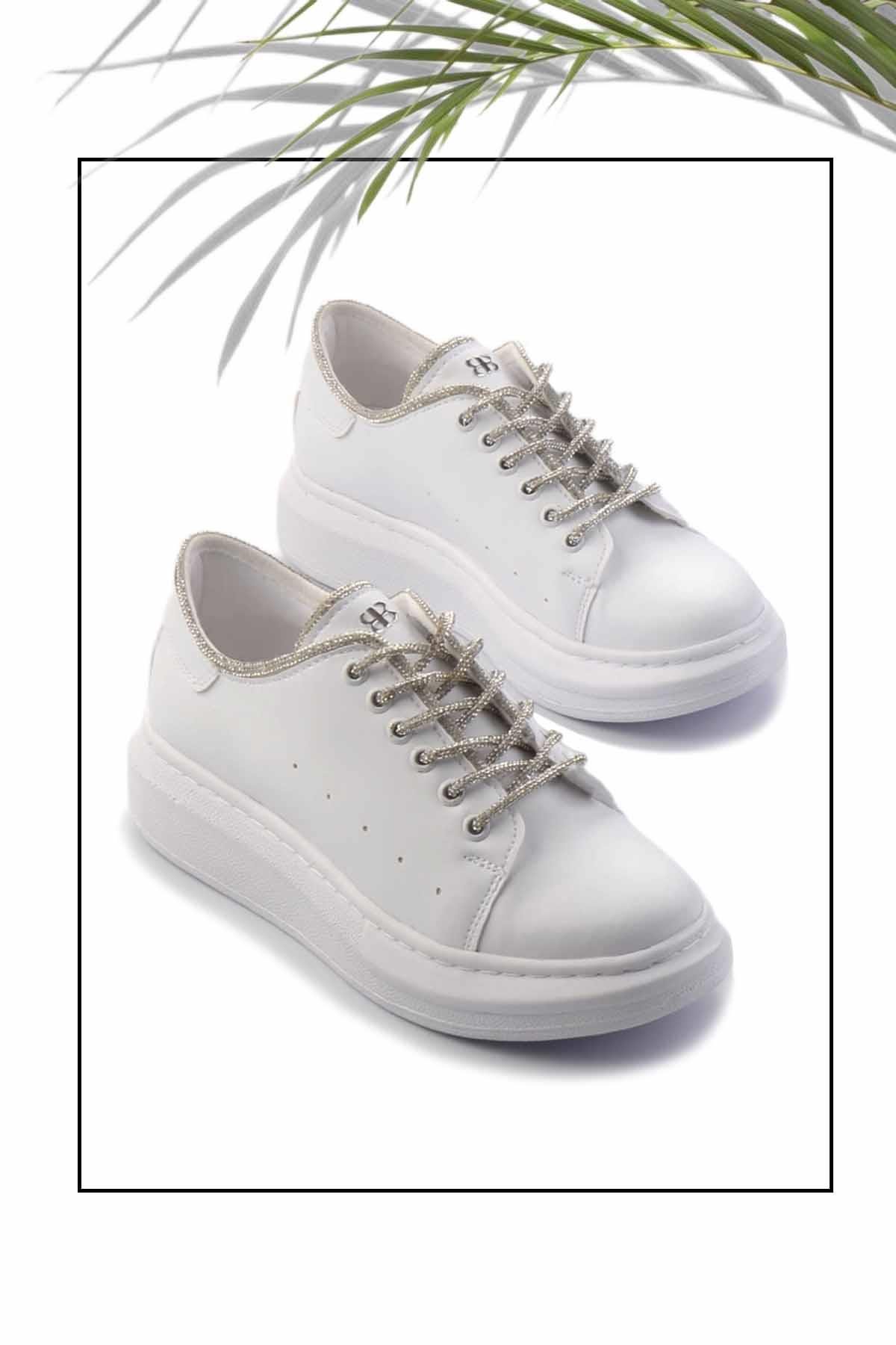 Beyaz Lame Taşlı  Kadın Sneaker K01449057609