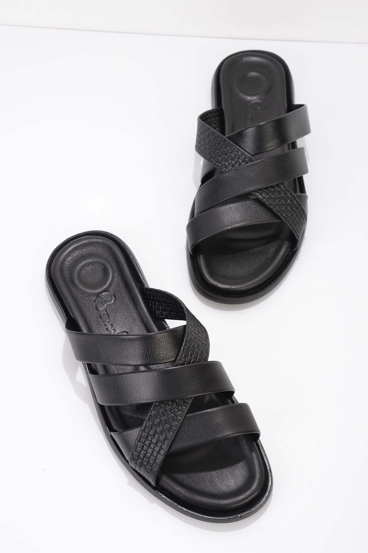 SİYAH BASKI Leather Erkek Terlik E04801010314