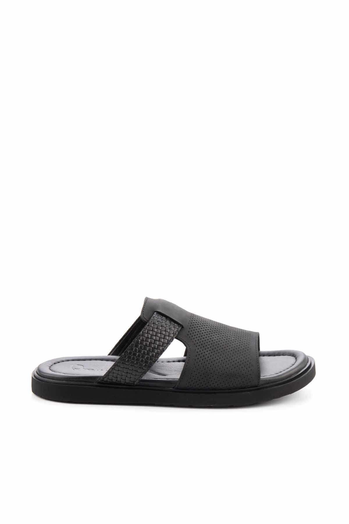 Siyah Örgü Hakiki Deri Erkek Terlik E04801200403