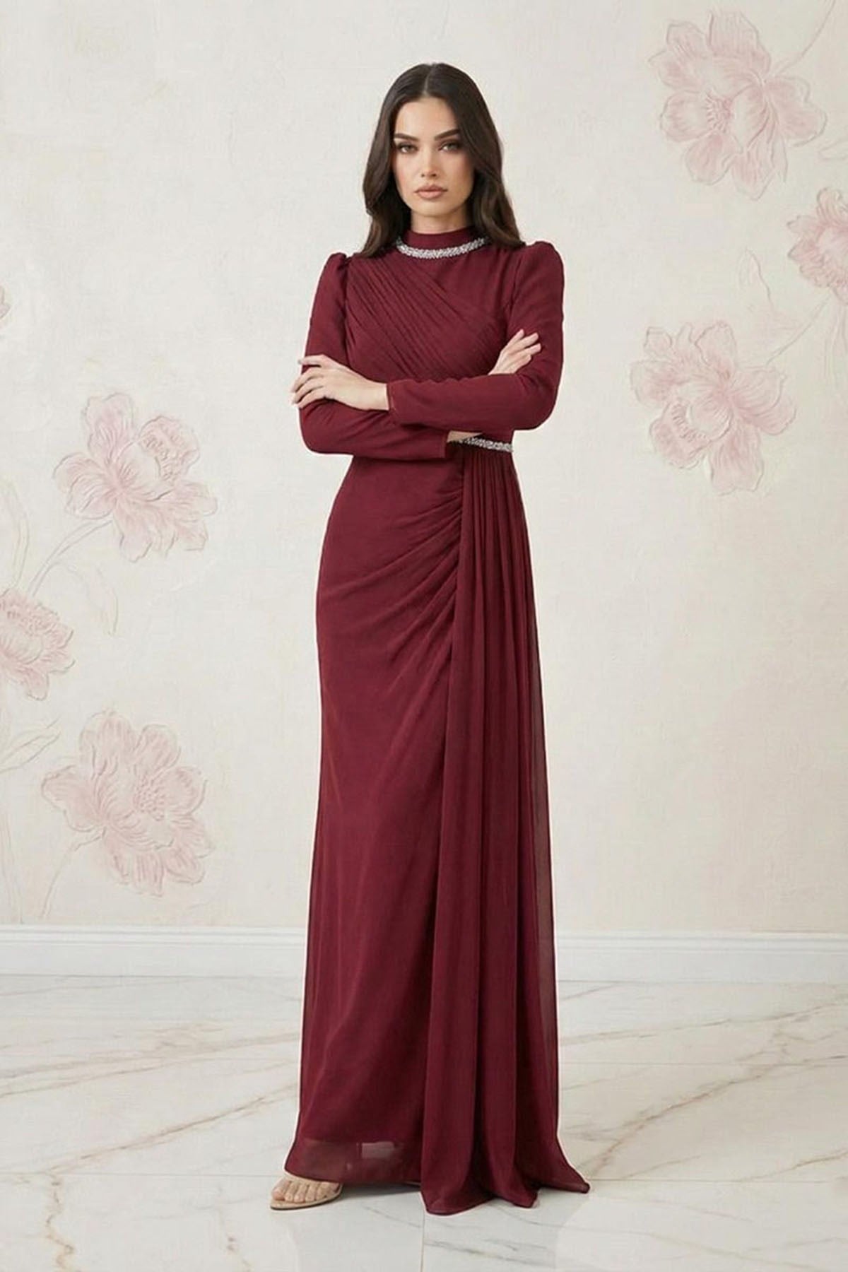 ARİSA Işıltı Şifon Abiye BordoLP6373