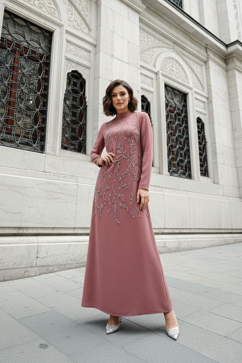 Büyük Beden Alize Adriana Krep Gül Kurusu Tesettür AbiyeLP6305
