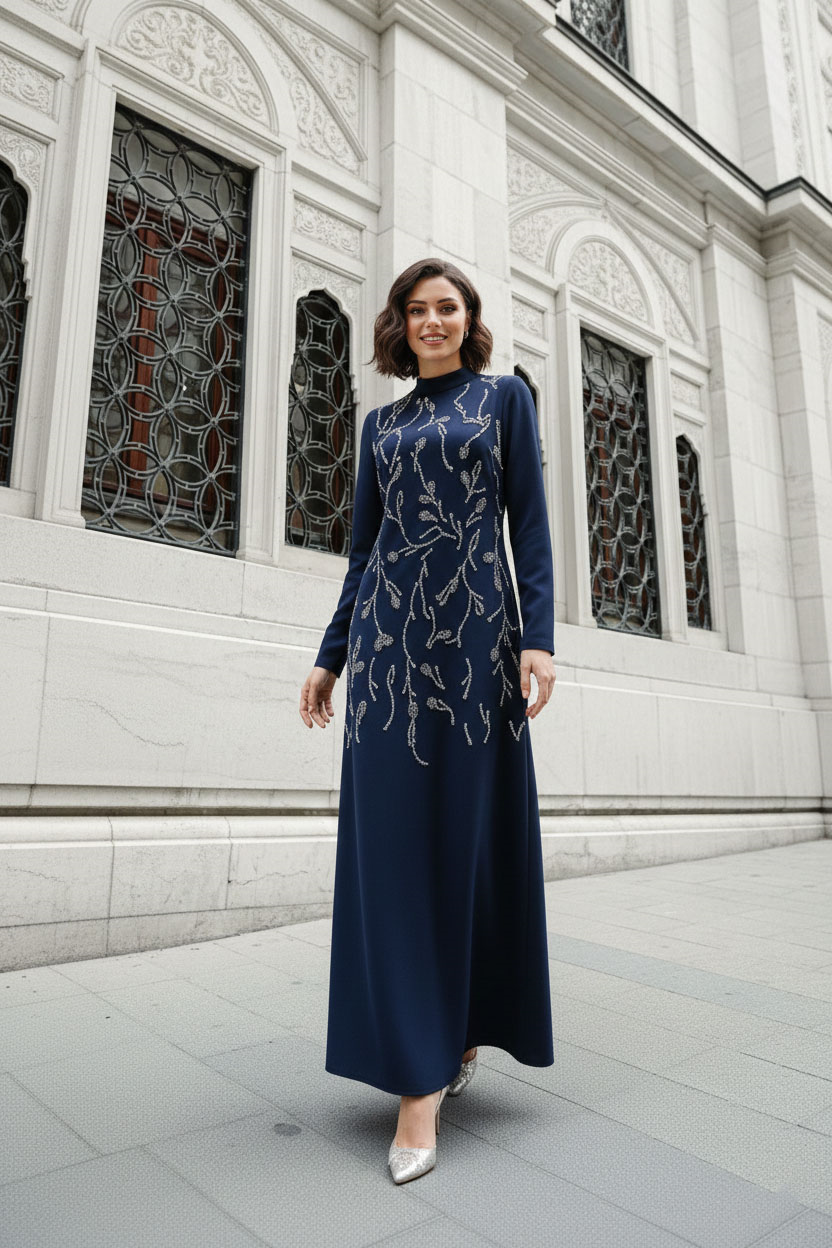 Büyük Beden Alize Adriana Krep Lacivert Tesettür AbiyeLP6305